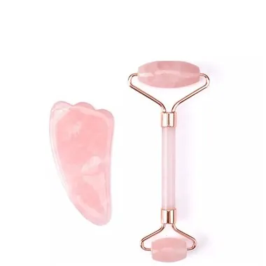 100% প্রাকৃতিক হস্তনির্মিত গোলাপী গোলাপ কোয়ার্টজ রোলার গুয়া শ সেট