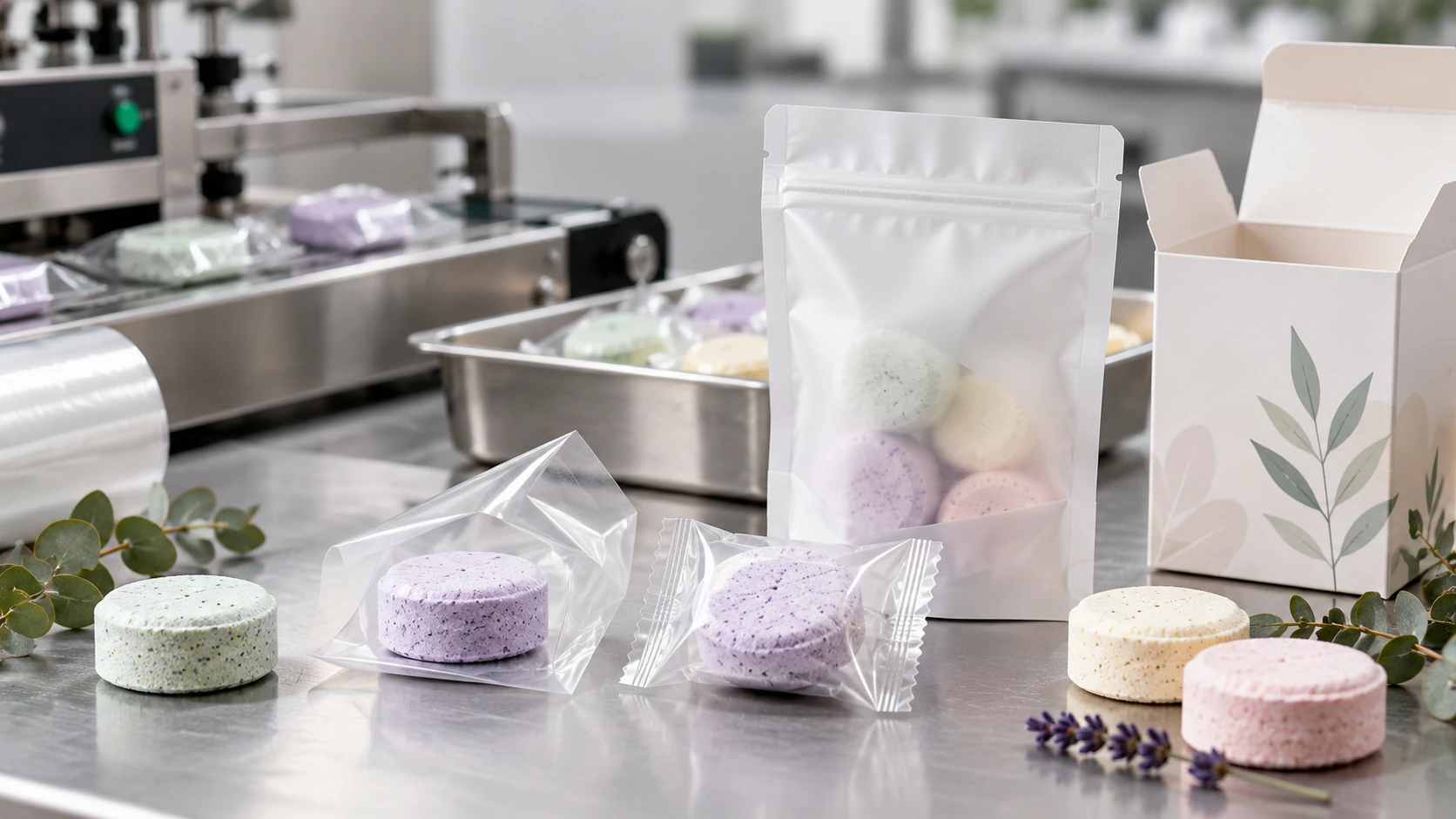 Individual wrapped shower steamers with moisture-protective retail packaging for private label brands Individual wrapped shower steamers with moisture-protective retail packaging for private label brands