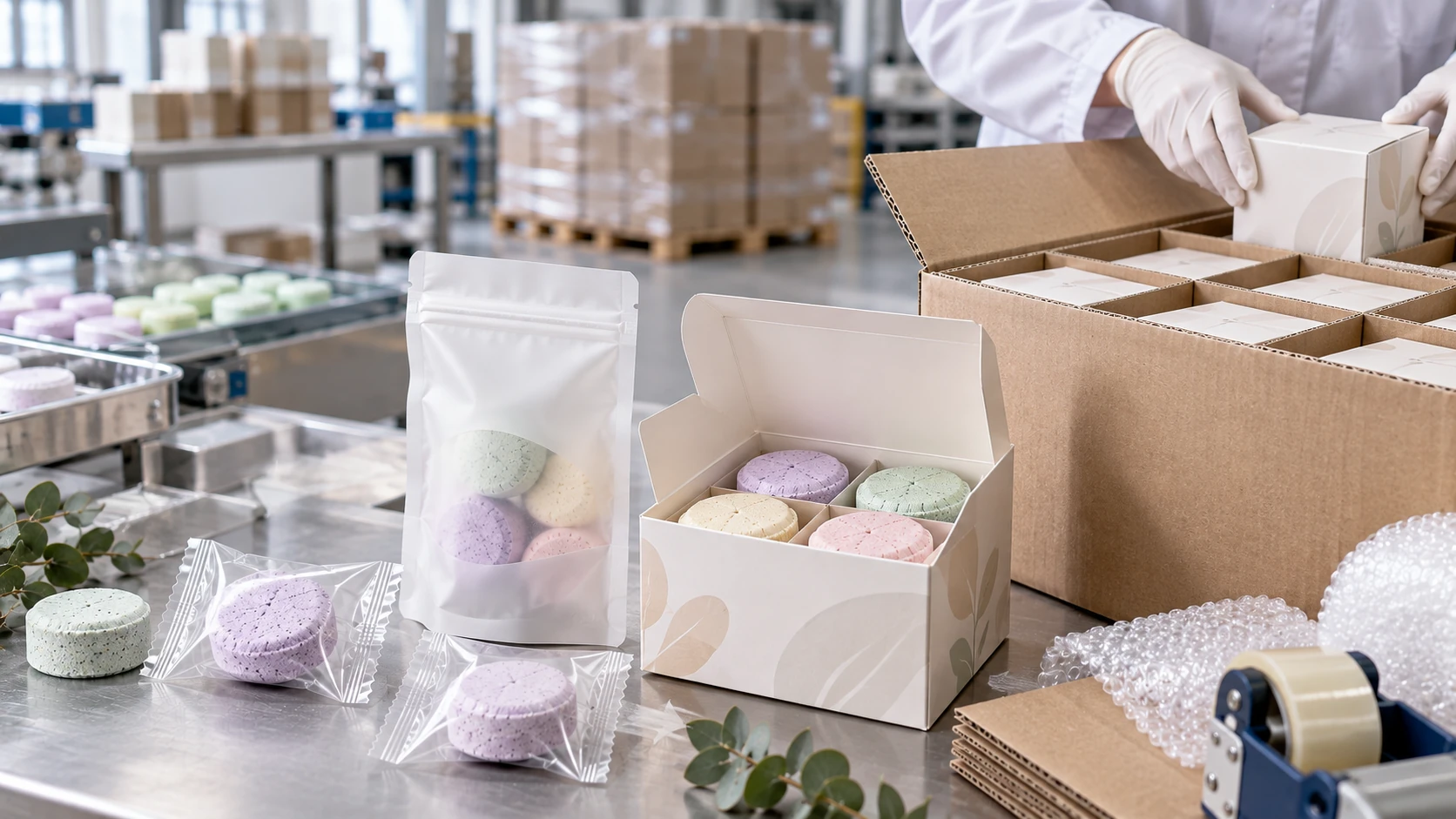 Export-safe shower steamer packaging with primary wraps retail boxes and shipping cartons Export-safe shower steamer packaging with primary wraps retail boxes and shipping cartons