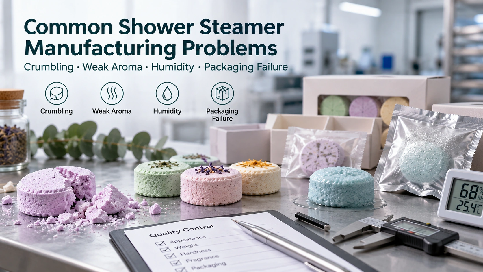 Common shower steamer manufacturing problems including crumbling weak aroma humidity damage and packaging failure Common shower steamer manufacturing problems including crumbling weak aroma humidity damage and packaging failure