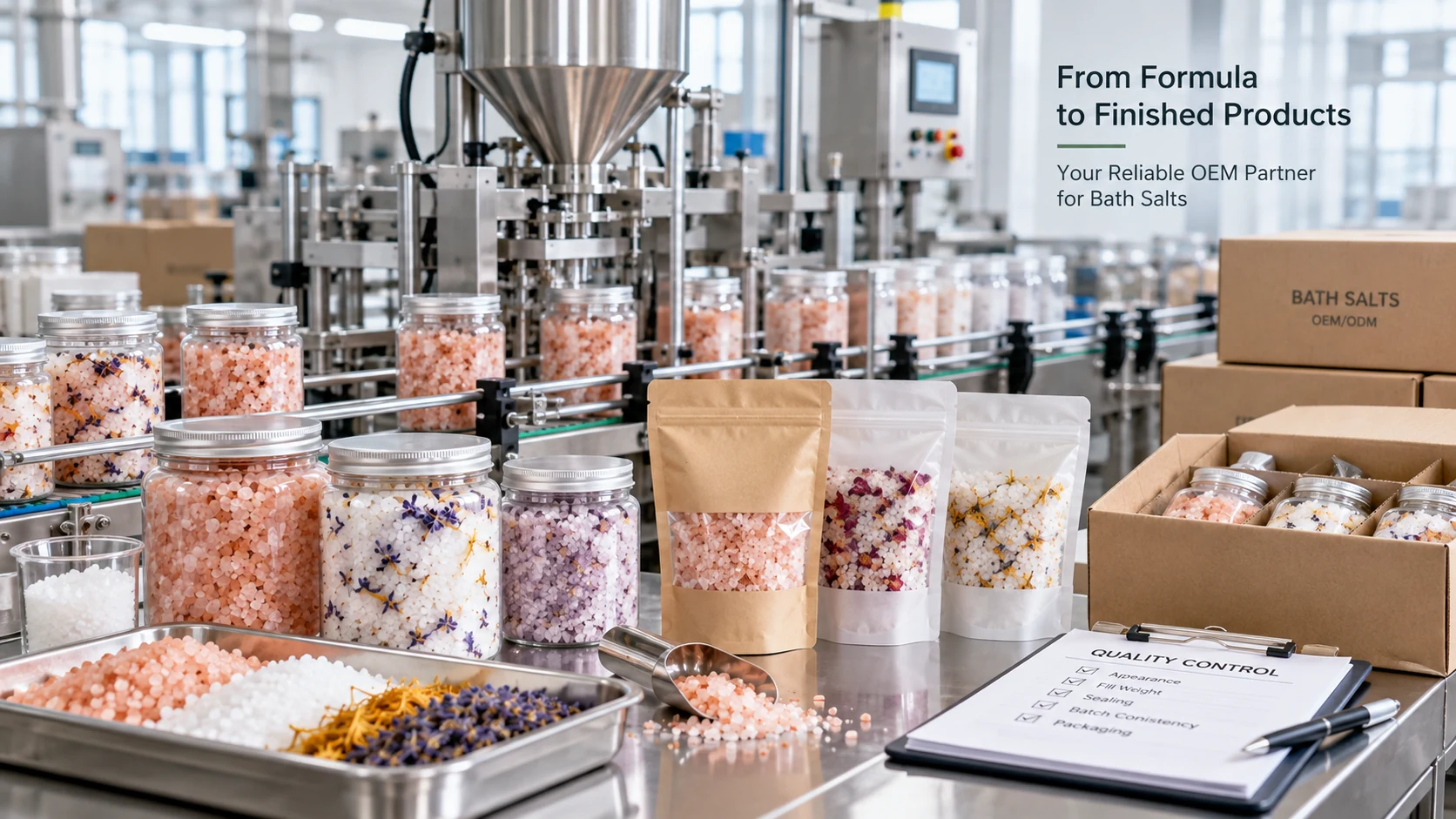 Private label bath salt OEM manufacturing filling packaging and quality control in a personal care factory Private label bath salt OEM manufacturing filling packaging and quality control in a personal care factory
