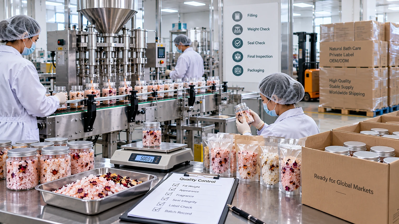 Bath salt filling quality control packaging inspection and export preparation in an OEM factory Bath salt filling quality control packaging inspection and export preparation in an OEM factory