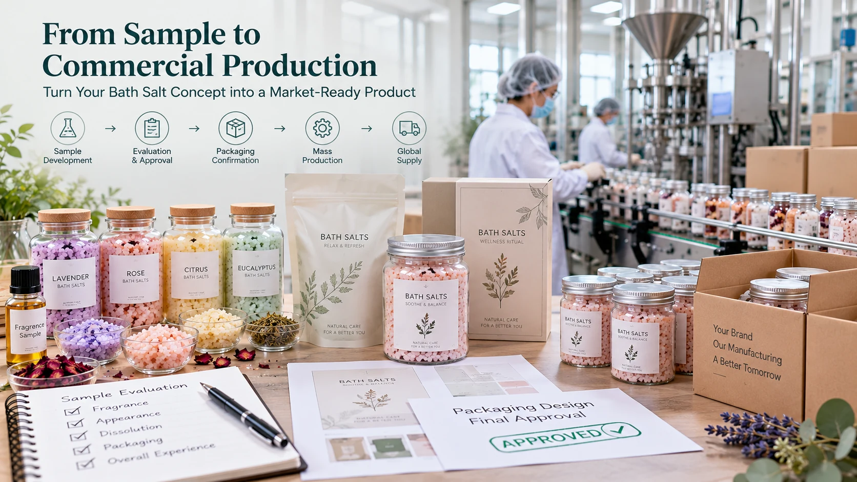 Private label bath salt sample approval and transition to commercial manufacturing Private label bath salt sample approval and transition to commercial manufacturing